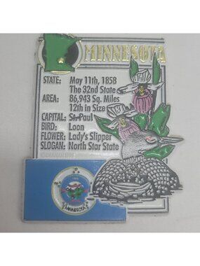 Minnesota State Facts Magnet With Loon & Ladys Slipper Design 1995 IdeaMan Colle